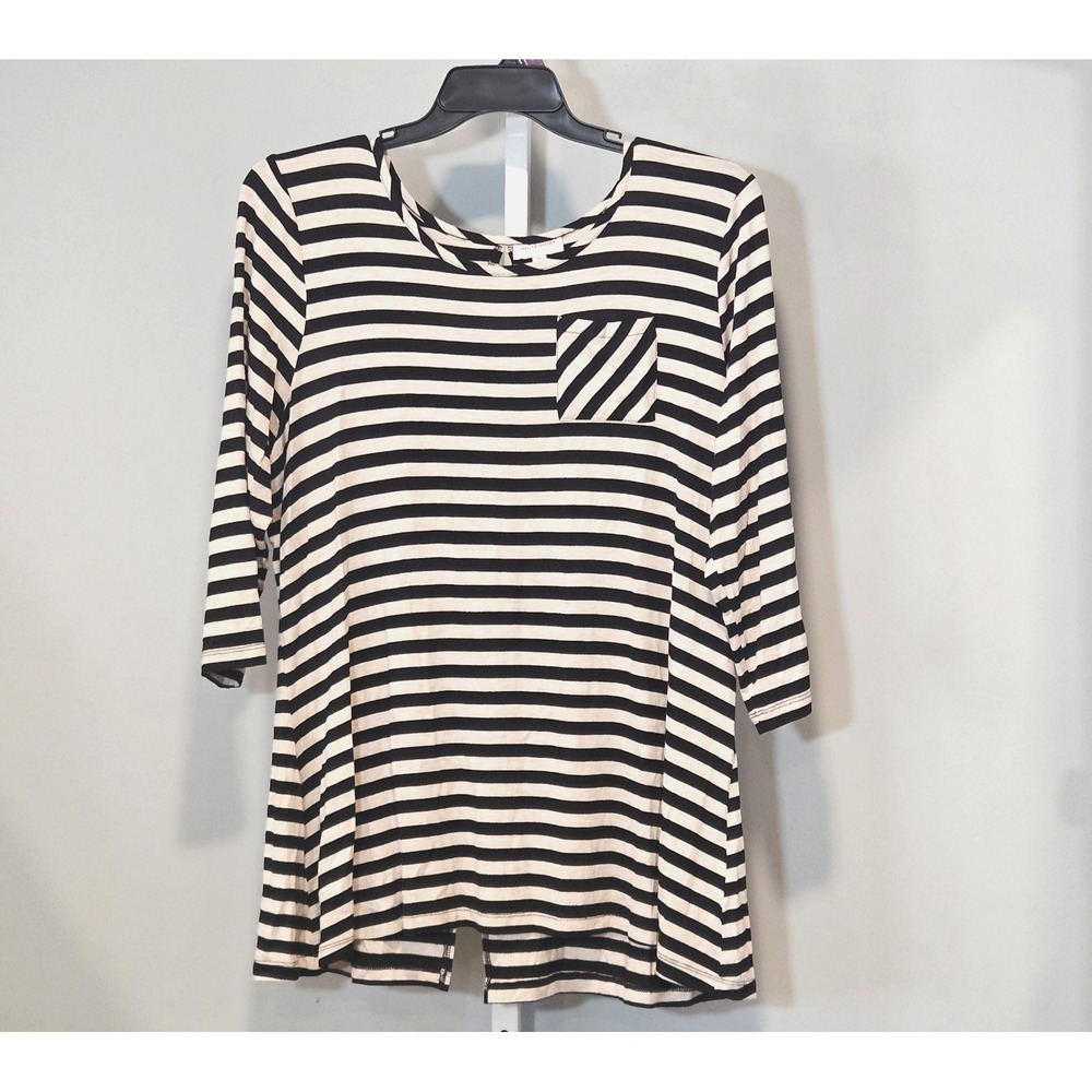 Molly & Isadora Size 1X Black/Gray Stripe Pullover Back Slit & Teardrop Opening
